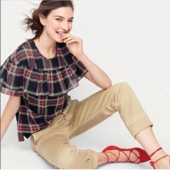 J Crew Edie Stewart Plaid Ruffle Top Black Red Green SIZE 2 Blouse Tartan Top - Picture 4 of 14